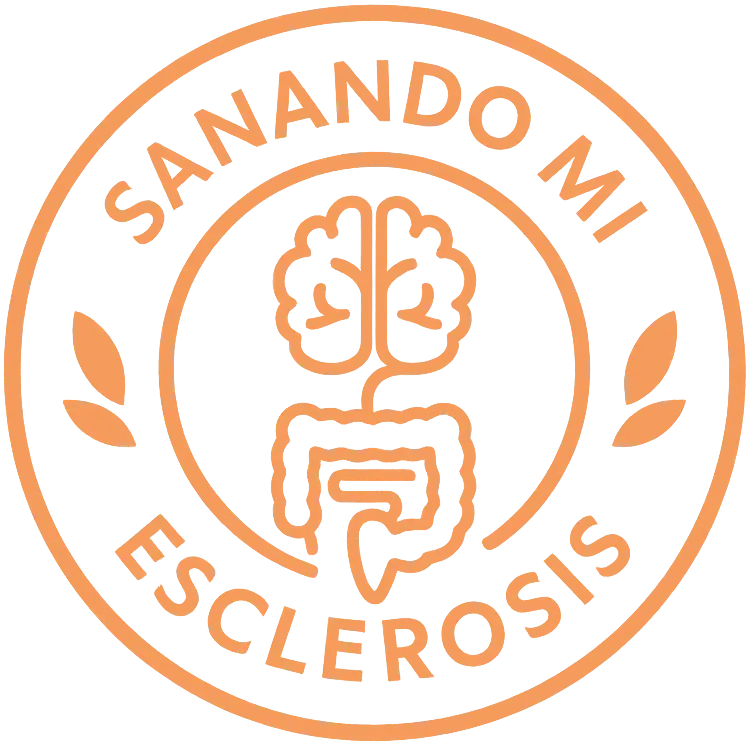 Logo de la iniciativa "Sanando Mi Esclerosis", que simboliza el apoyo y la concienciación sobre la esclerosis. Incluye un diseño de cerebro y elementos naturales, reflejando un enfoque holístico hacia la salud.