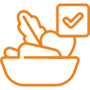 Icono de un tazón con verduras frescas y un símbolo de verificación, representando opciones saludables y nutritivas.