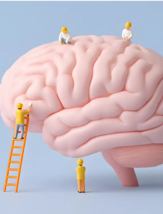 Escena de miniaturas de trabajadores en una figura de cerebro rosa, simbolizando el trabajo en el desarrollo cognitivo y el aprendizaje.