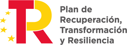 Logotipo del Plan de Recuperación, Transformación y Resiliencia de España, con las letras "R" y "T" en colores rojo y amarillo, acompañadas de estrellas.